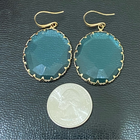 Unsigned Blue Topaz Faceted Glass Round Bezel Drop Earrings 11.8g - Picture 5 of 15